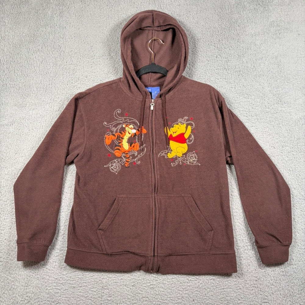 Disney Winnie the Pooh Tigger Fleece Zip Up‎ Hoodie Brown Medium Embroidery Y2K